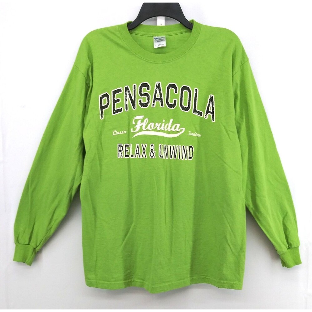 Gildan Shirt Adult Size L Green Pensacola Florida Relax & Unwind Long Sleeve Top
